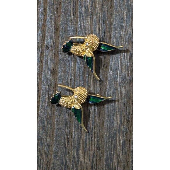 Vintage Hummingbird Brooch Set - Gold Tone & Green Enamel - 1.5 Inches - Picture 5 of 10